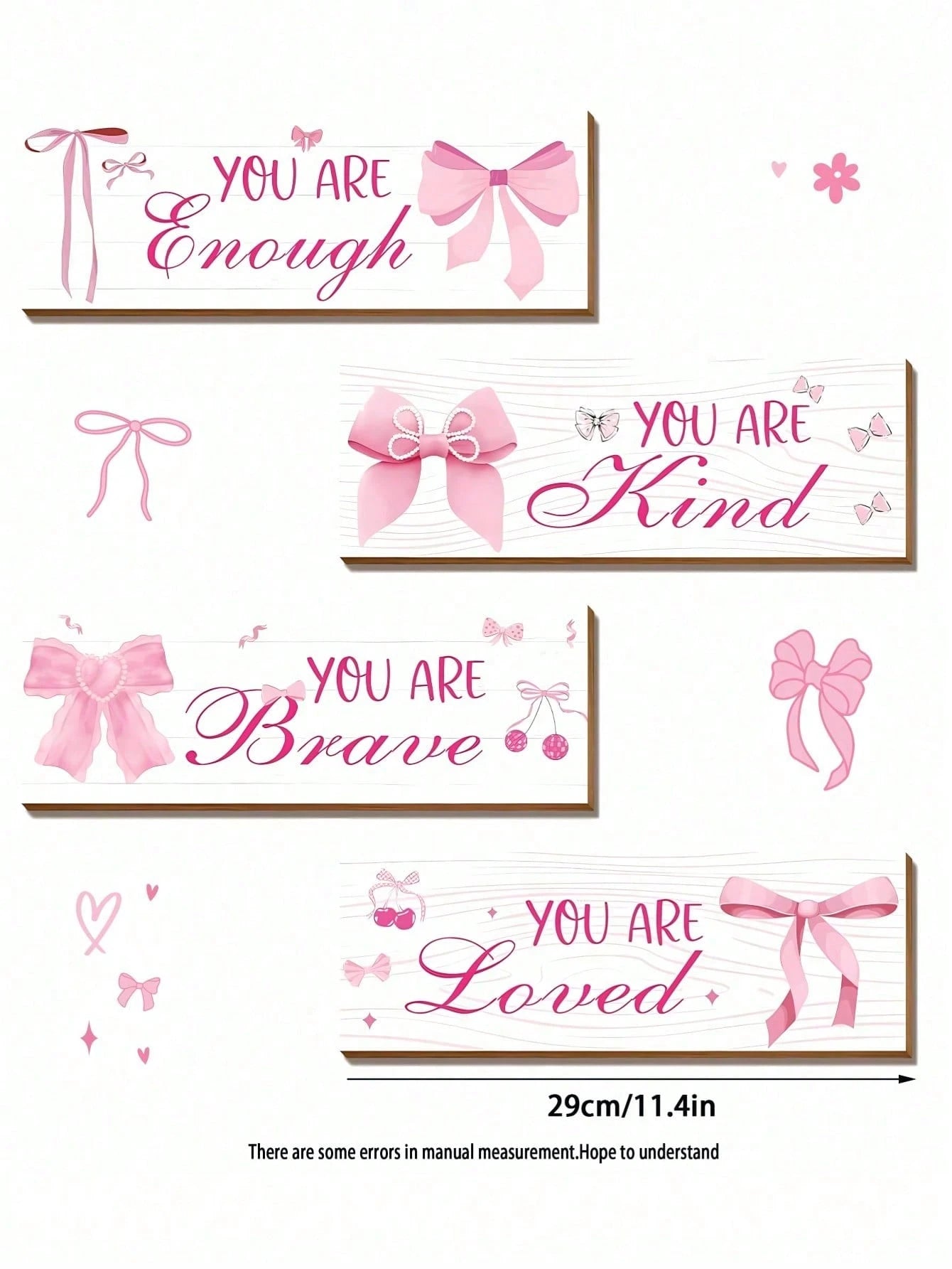 1 Set Pink Bow Wall Decor, Positive Quotes And Motivational Slogans Wooden Sign Plaque, Suitable For Baby Room, Princess Room, Bathroom, Office, Teen Girl Room And Children's Room Wall Decoration