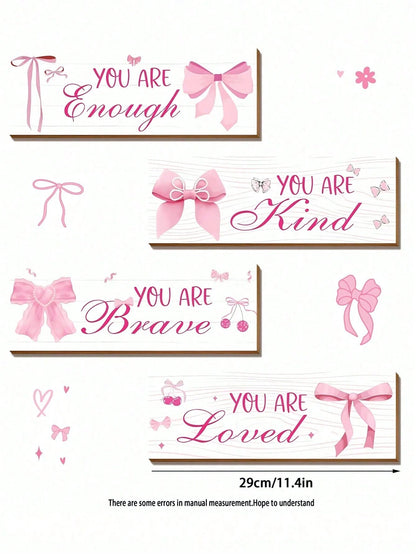 1 Set Pink Bow Wall Decor, Positive Quotes And Motivational Slogans Wooden Sign Plaque, Suitable For Baby Room, Princess Room, Bathroom, Office, Teen Girl Room And Children's Room Wall Decoration