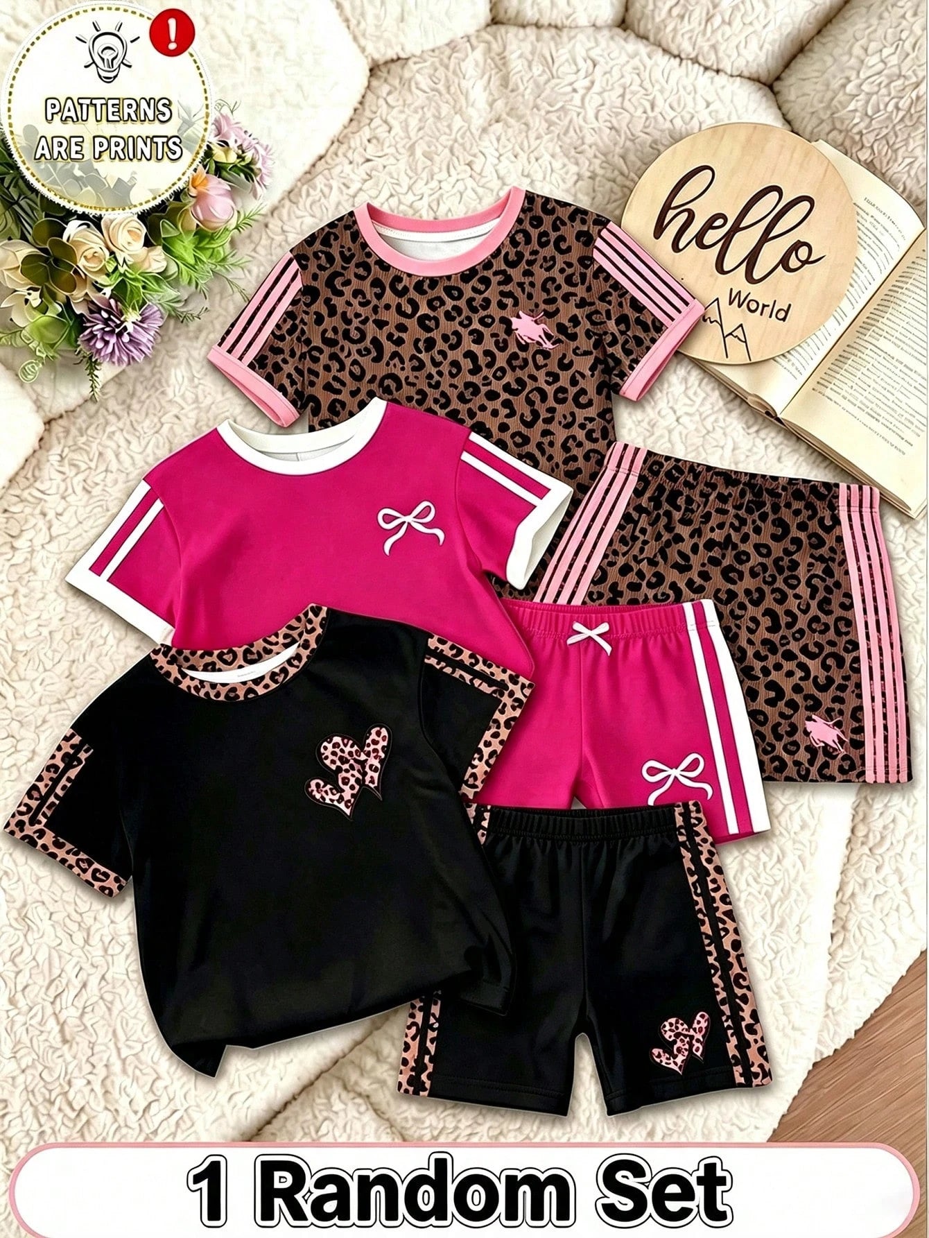 1 Set Random Baby Girls Casual Cute Fashion Red Black Heart Bow Knight Logo Round Neck Short Sleeve T-Shirt And Shorts Outfit, Suitable For Outings