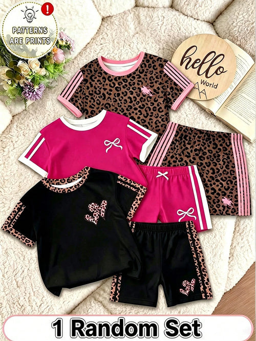 1 Set Random Baby Girls Casual Cute Fashion Red Black Heart Bow Knight Logo Round Neck Short Sleeve T-Shirt And Shorts Outfit, Suitable For Outings