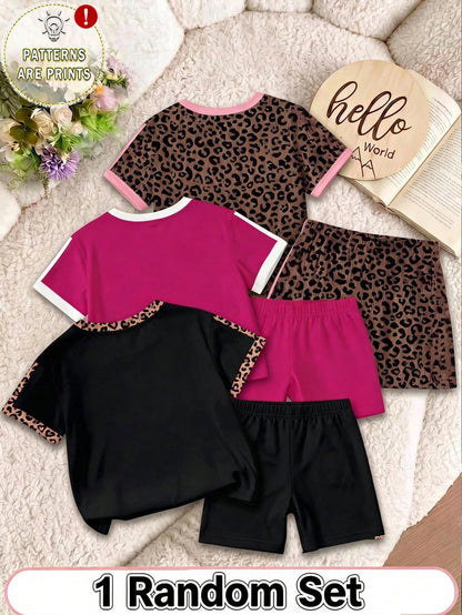 1 Set Random Baby Girls Casual Cute Fashion Red Black Heart Bow Knight Logo Round Neck Short Sleeve T-Shirt And Shorts Outfit, Suitable For Outings