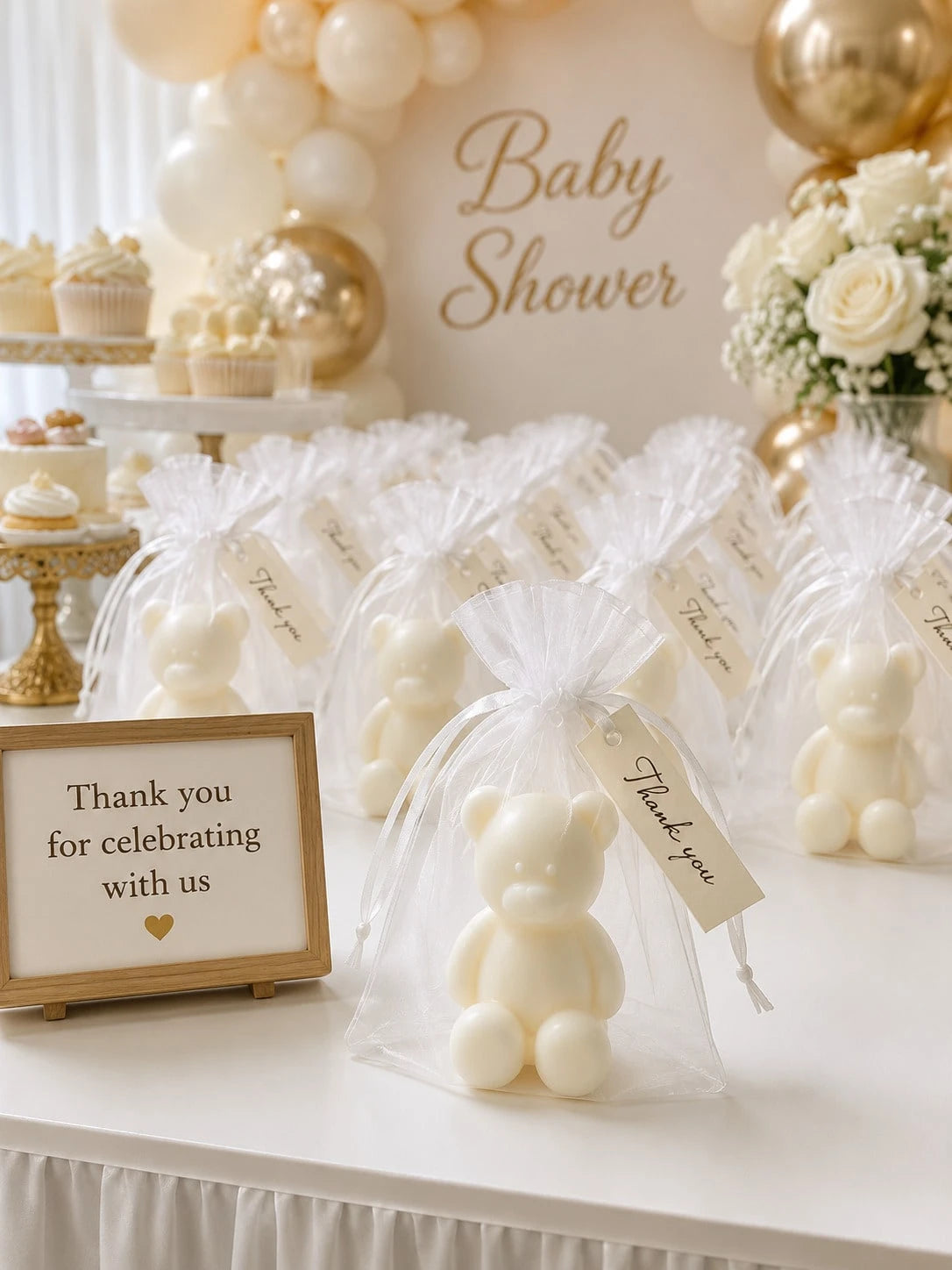 10 Sets Teddy Bear Scented Candle Baby Shower Favor Set, Includes Organza Bags And Thank You Cards, Suitable For Baby Shower Gifts And Gender Reveal Party Supplies