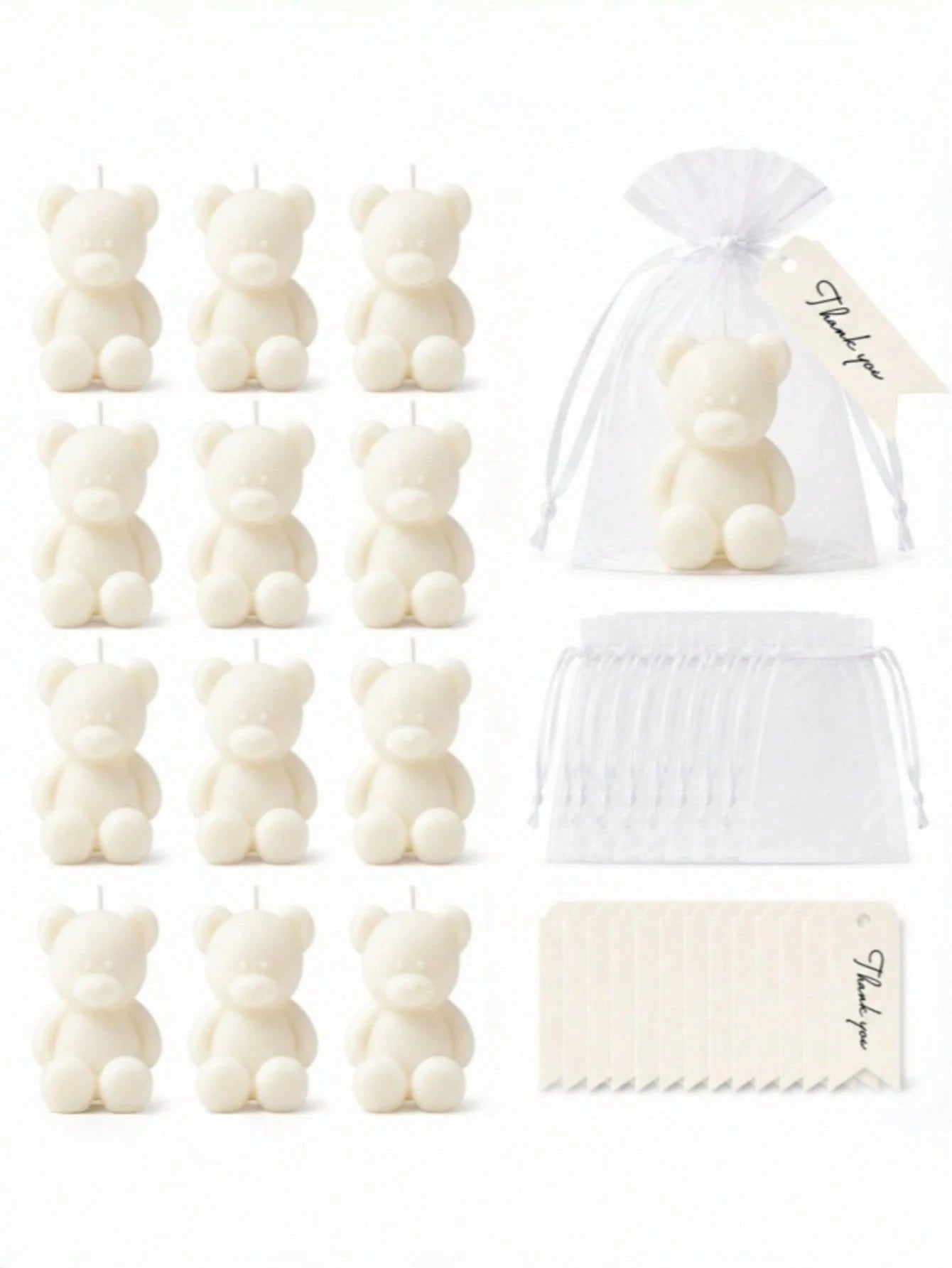 10 Sets Teddy Bear Scented Candle Baby Shower Favor Set, Includes Organza Bags And Thank You Cards, Suitable For Baby Shower Gifts And Gender Reveal Party Supplies