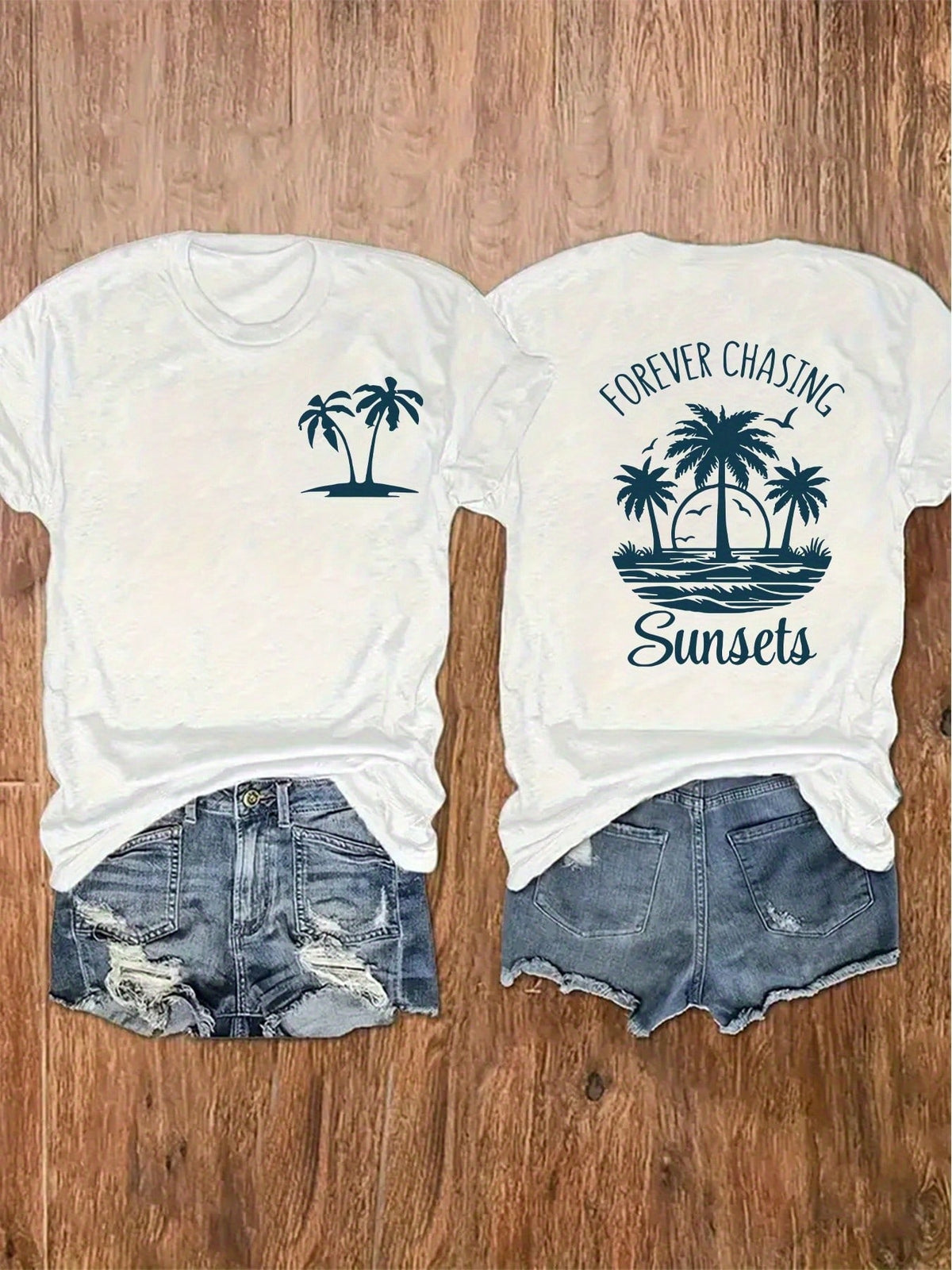 100% Cotton Unisex Round Neck Short-Sleeve T-Shirt With Palm Tree And Sunset Pattern, And The Words "FOREVER CHASING Sunsets" On The Back. Summer Wome