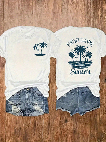 100% Cotton Unisex Round Neck Short-Sleeve T-Shirt With Palm Tree And Sunset Pattern, And The Words "FOREVER CHASING Sunsets" On The Back. Summer Wome