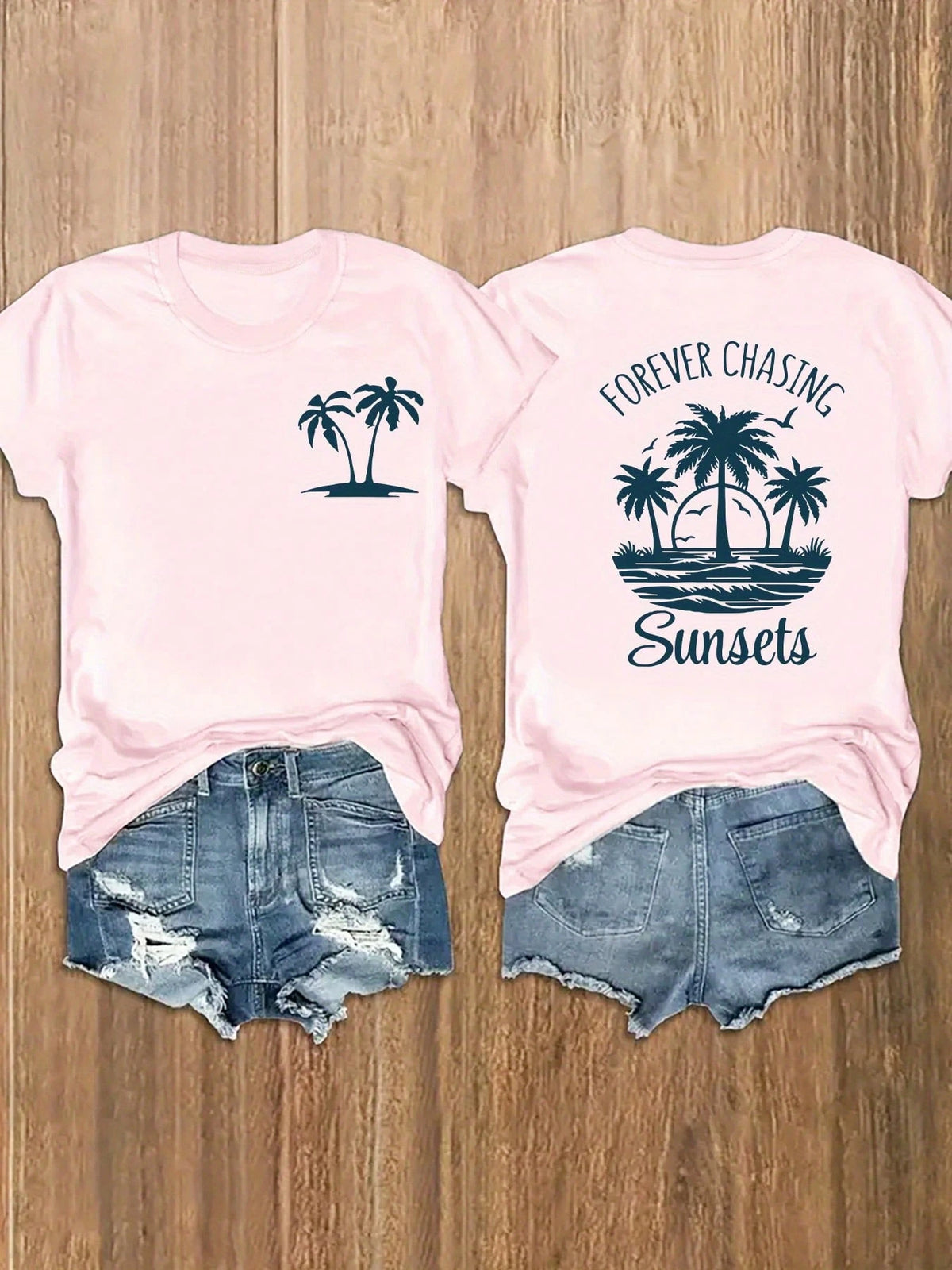 100% Cotton Unisex Round Neck Short-Sleeve T-Shirt With Palm Tree And Sunset Pattern, And The Words "FOREVER CHASING Sunsets" On The Back. Summer Wome