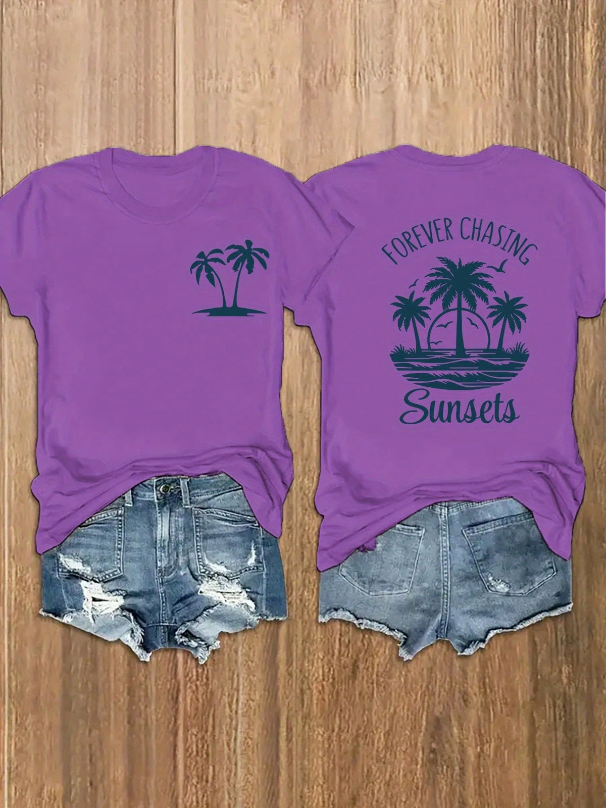 100% Cotton Unisex Round Neck Short-Sleeve T-Shirt With Palm Tree And Sunset Pattern, And The Words "FOREVER CHASING Sunsets" On The Back. Summer Wome