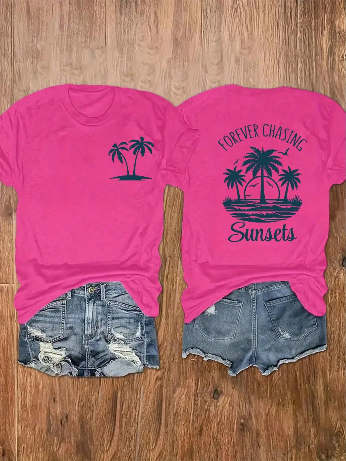 100% Cotton Unisex Round Neck Short-Sleeve T-Shirt With Palm Tree And Sunset Pattern, And The Words "FOREVER CHASING Sunsets" On The Back. Summer Wome