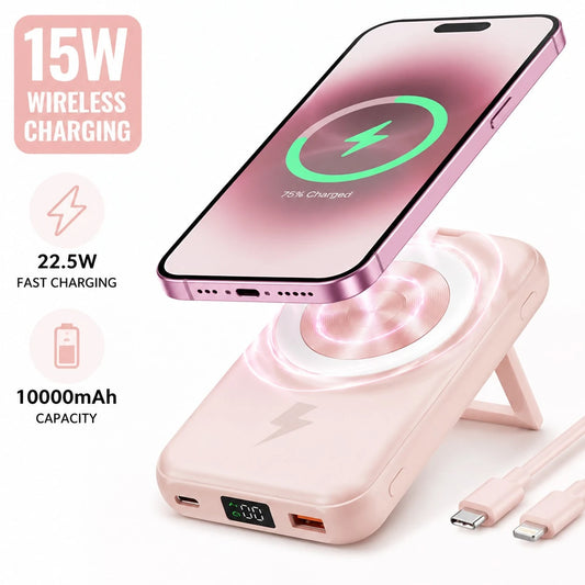 10000mAh Everyday Gear Magnetic Wireless Power Bank 15W Wireless Charge 22.5W High-Speed Wired Charge Foldable Phone Stand Integrated Dual Cables Battery Percentage Indicator Multi-Device Charging Com