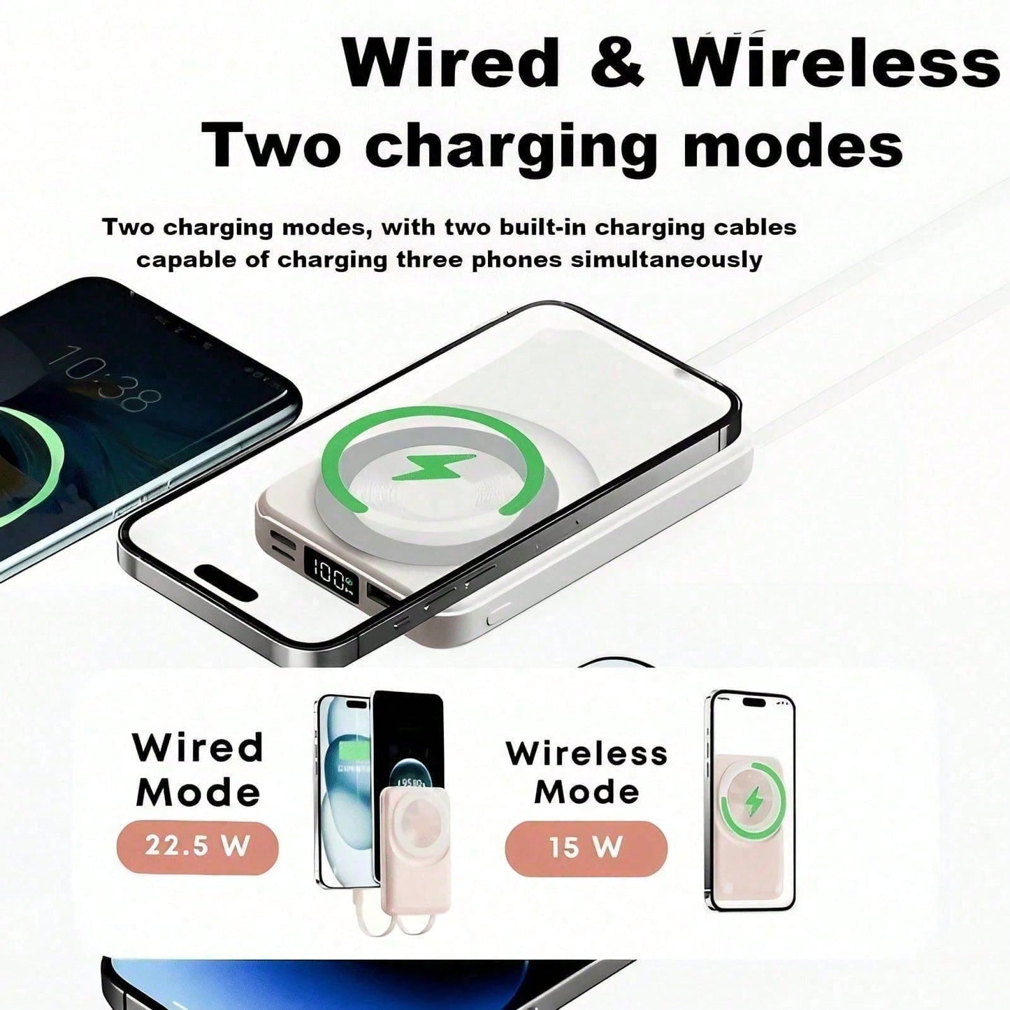 10000mAh Everyday Gear Magnetic Wireless Power Bank 15W Wireless Charge 22.5W High-Speed Wired Charge Foldable Phone Stand Integrated Dual Cables Battery Percentage Indicator Multi-Device Charging Com