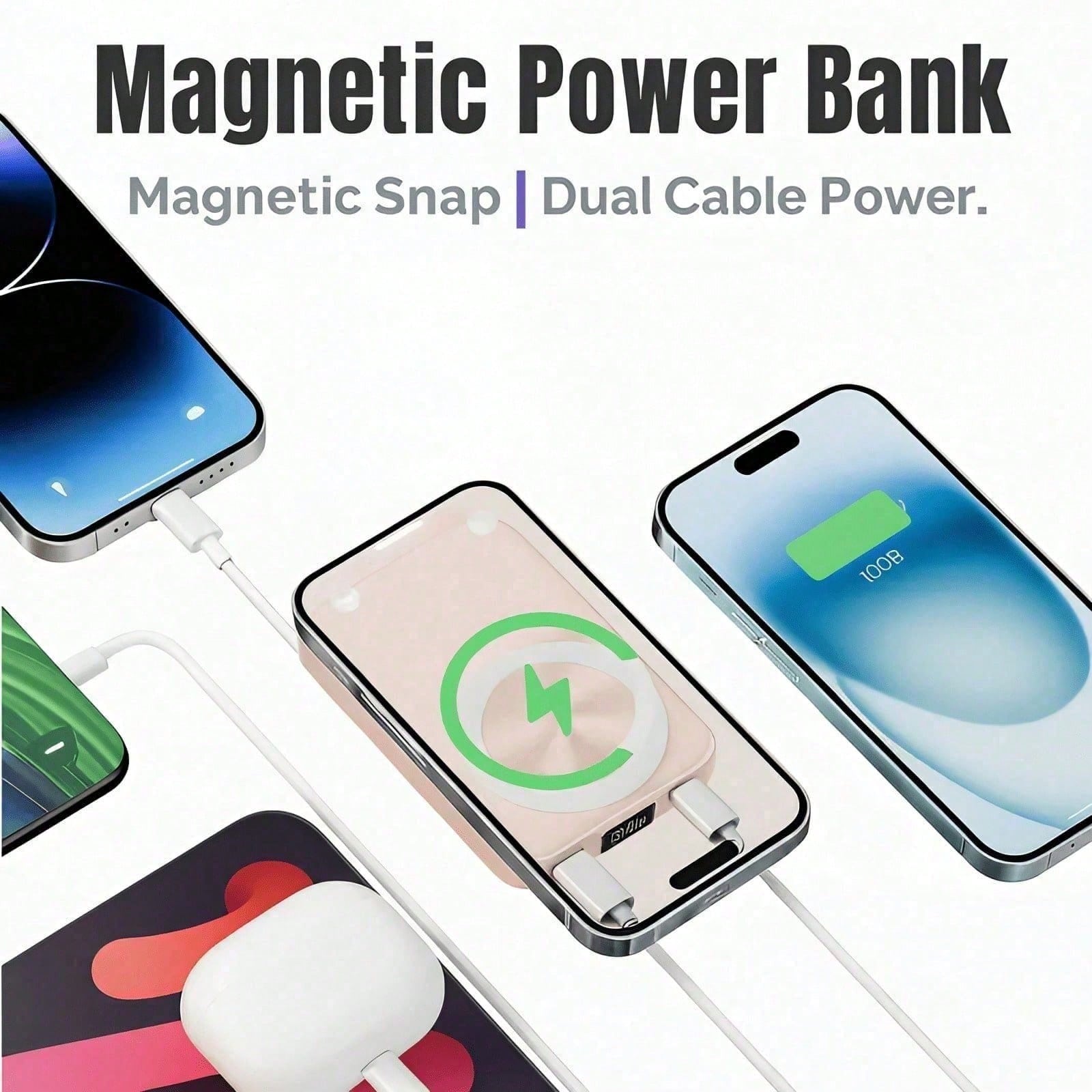 10000mAh Everyday Gear Magnetic Wireless Power Bank 15W Wireless Charge 22.5W High-Speed Wired Charge Foldable Phone Stand Integrated Dual Cables Battery Percentage Indicator Multi-Device Charging Com