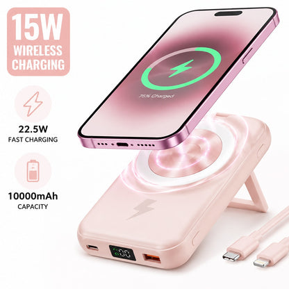 10000mAh Everyday Gear Magnetic Wireless Power Bank 15W Wireless Charge 22.5W High-Speed Wired Charge Foldable Phone Stand Integrated Dual Cables Battery Percentage Indicator Multi-Device Charging Com