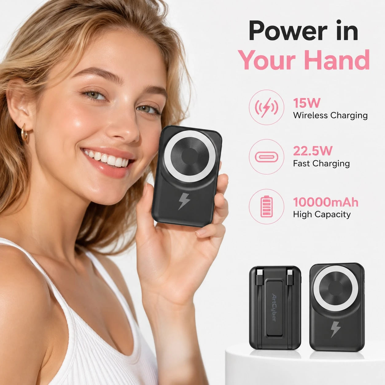10000mAh Magnetic Wireless Charger Portable Power Bank With Foldable Stand, Built-In Dual Cables 15W Magnetic Charging 22.5W Fast Charging, Travel Essentials Camping Essentials School Essentials Back