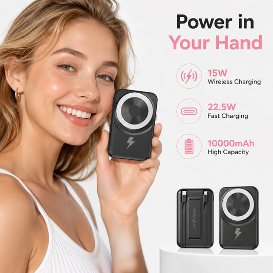 10000mAh Magnetic Wireless Charger Portable Power Bank With Foldable Stand, Built-In Dual Cables 15W Magnetic Charging 22.5W Fast Charging, Travel Essentials Camping Essentials School Essentials Back
