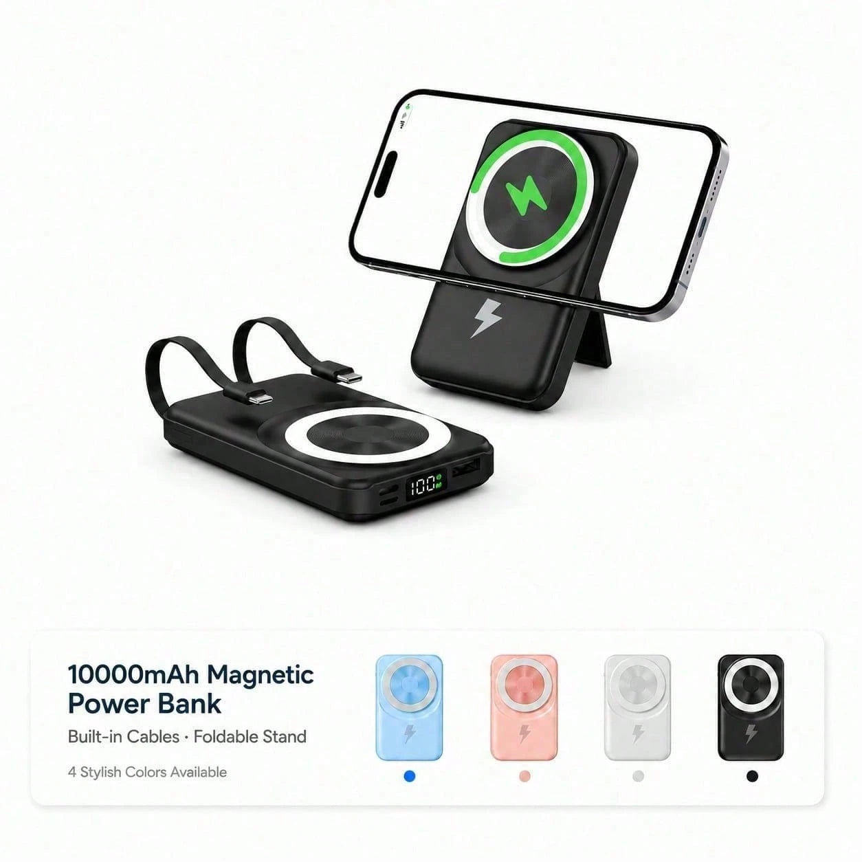 10000mAh Magnetic Wireless Charger Portable Power Bank With Foldable Stand, Built-In Dual Cables 15W Magnetic Charging 22.5W Fast Charging, Travel Essentials Camping Essentials School Essentials Back