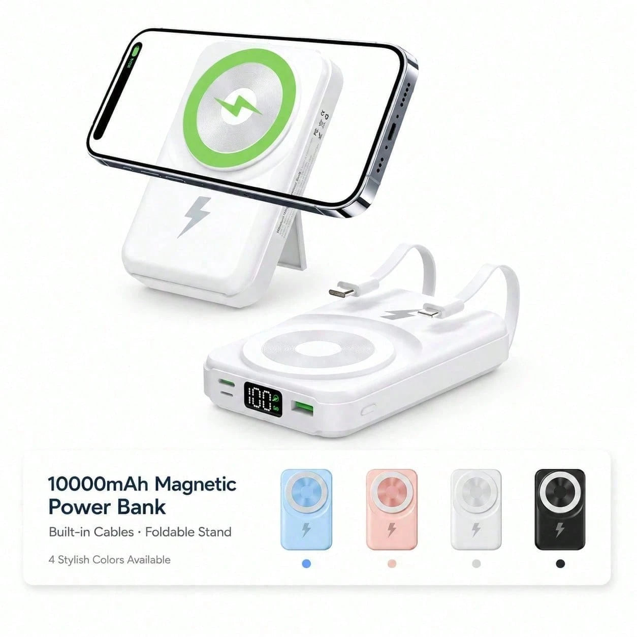 10000mAh MagSafe Compatible Magnetic Power Bank With Foldable Stand Built-In Cables, 15W Wireless Charging 22.5W Wired Fast Charging LED Digital Battery Display, Travel Essentials Camping Gear School