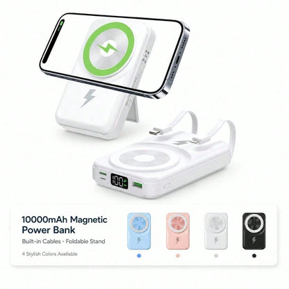 10000mAh MagSafe Compatible Magnetic Power Bank With Foldable Stand Built-In Cables, 15W Wireless Charging 22.5W Wired Fast Charging LED Digital Battery Display, Travel Essentials Camping Gear School