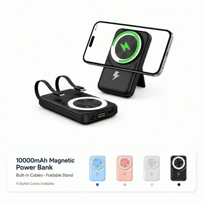 10000mAh MagSafe Compatible Magnetic Power Bank With Foldable Stand Built-In Cables, 15W Wireless Charging 22.5W Wired Fast Charging LED Digital Battery Display, Travel Essentials Camping Gear School