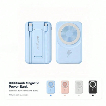 10000mAh MagSafe Compatible Magnetic Power Bank With Foldable Stand Built-In Cables, 15W Wireless Charging 22.5W Wired Fast Charging LED Digital Battery Display, Travel Essentials Camping Gear School