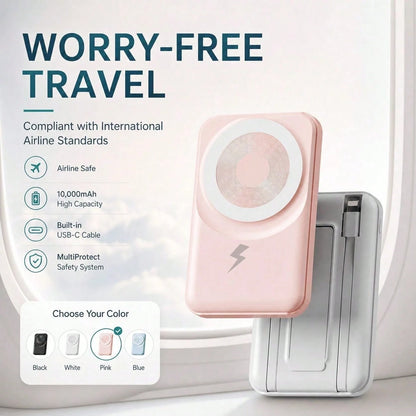 10000mAh MagSafe Compatible Magnetic Power Bank With Foldable Stand Built-In Cables, 15W Wireless Charging 22.5W Wired Fast Charging LED Digital Battery Display, Travel Essentials Camping Gear School