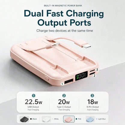 10000mAh MagSafe Compatible Magnetic Power Bank With Foldable Stand Built-In Cables, 15W Wireless Charging 22.5W Wired Fast Charging LED Digital Battery Display, Travel Essentials Camping Gear School
