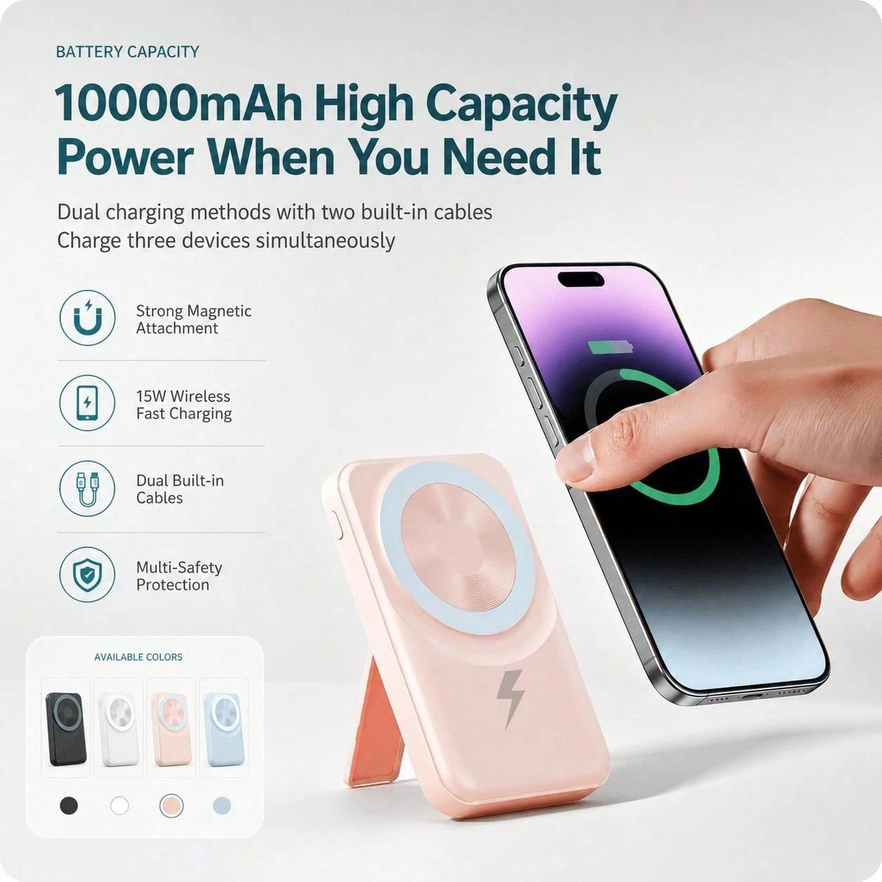 10000mAh MagSafe Compatible Magnetic Power Bank With Foldable Stand Built-In Cables, 15W Wireless Charging 22.5W Wired Fast Charging LED Digital Battery Display, Travel Essentials Camping Gear School