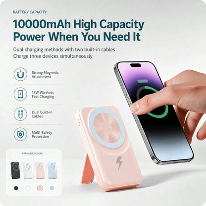 10000mAh MagSafe Compatible Magnetic Power Bank With Foldable Stand Built-In Cables, 15W Wireless Charging 22.5W Wired Fast Charging LED Digital Battery Display, Travel Essentials Camping Gear School