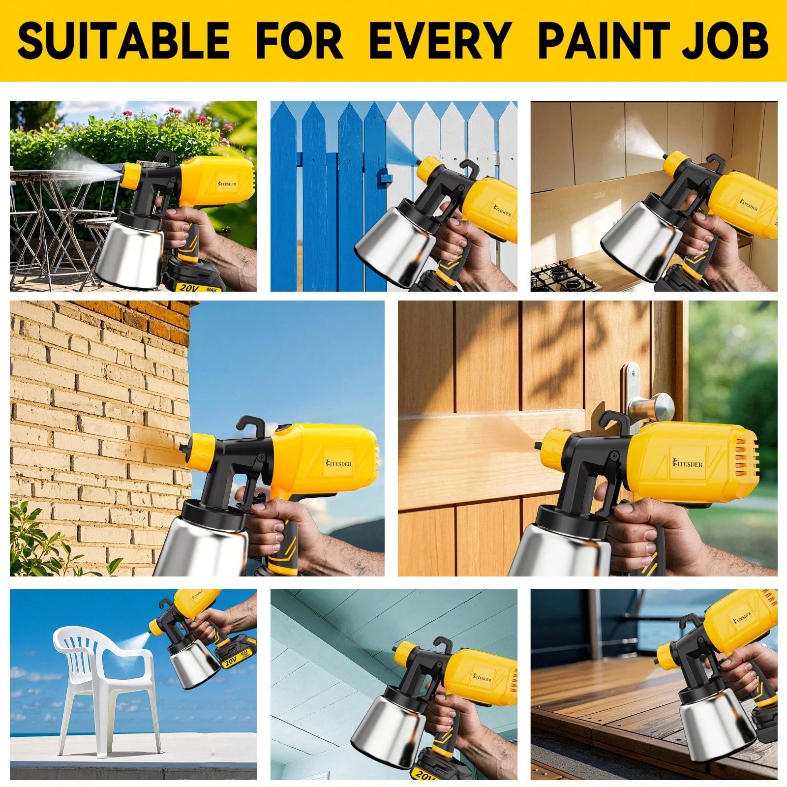 1000ML Cordless High Pressure Paint Sprayer For Home, 39000RPM High Speed Motor, Precise Flow Control Knob, 3 Spray Patterns For DIY Crafts Home Interior Exterior – Bright Yellow
