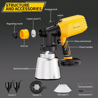 1000ML Cordless High Pressure Paint Sprayer For Home, 39000RPM High Speed Motor, Precise Flow Control Knob, 3 Spray Patterns For DIY Crafts Home Interior Exterior – Bright Yellow