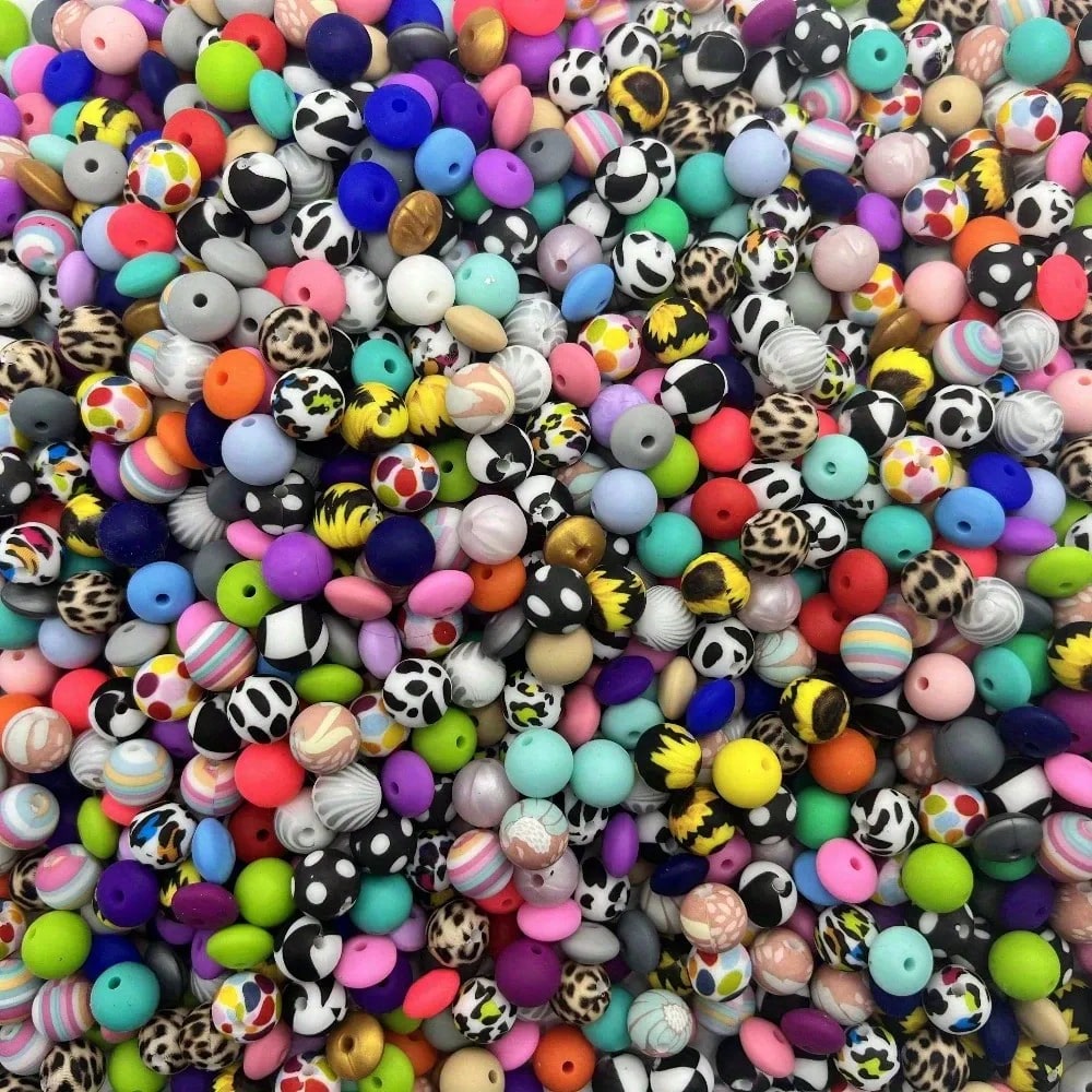 100pcs Vibrant Silicone Beads- Round, Printed, Abacus Beads, Mixed Colors- Ideal For DIY Bracelets, Jewelry, Phone Charms, Keychains, Crafts, Durable Silicone Beads