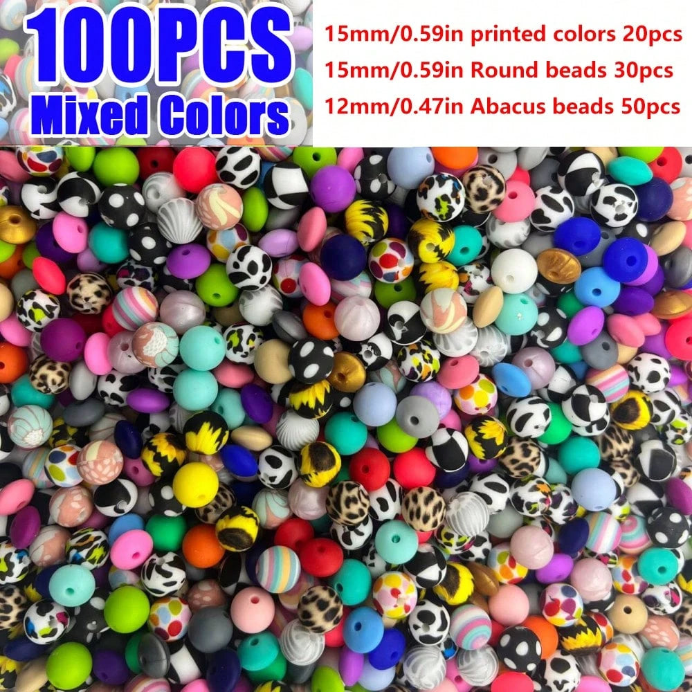 100pcs Vibrant Silicone Beads- Round, Printed, Abacus Beads, Mixed Colors- Ideal For DIY Bracelets, Jewelry, Phone Charms, Keychains, Crafts, Durable Silicone Beads
