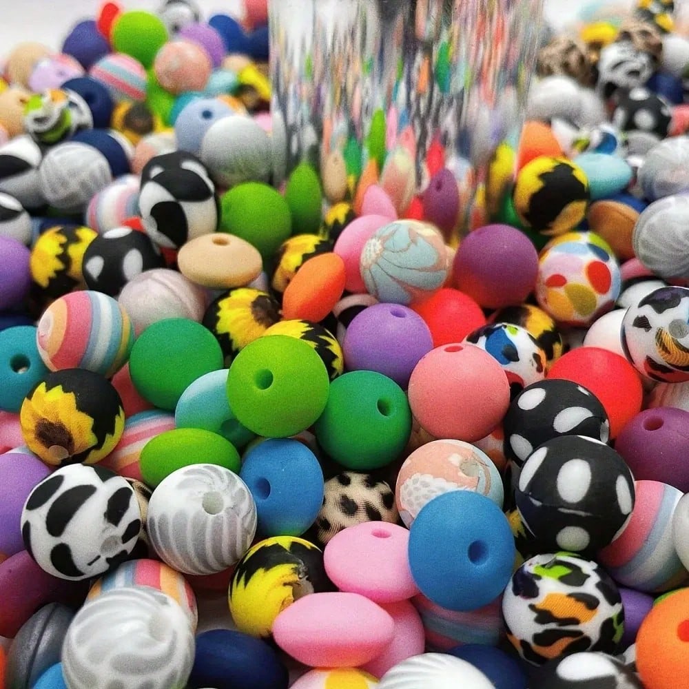 100pcs Vibrant Silicone Beads- Round, Printed, Abacus Beads, Mixed Colors- Ideal For DIY Bracelets, Jewelry, Phone Charms, Keychains, Crafts, Durable Silicone Beads