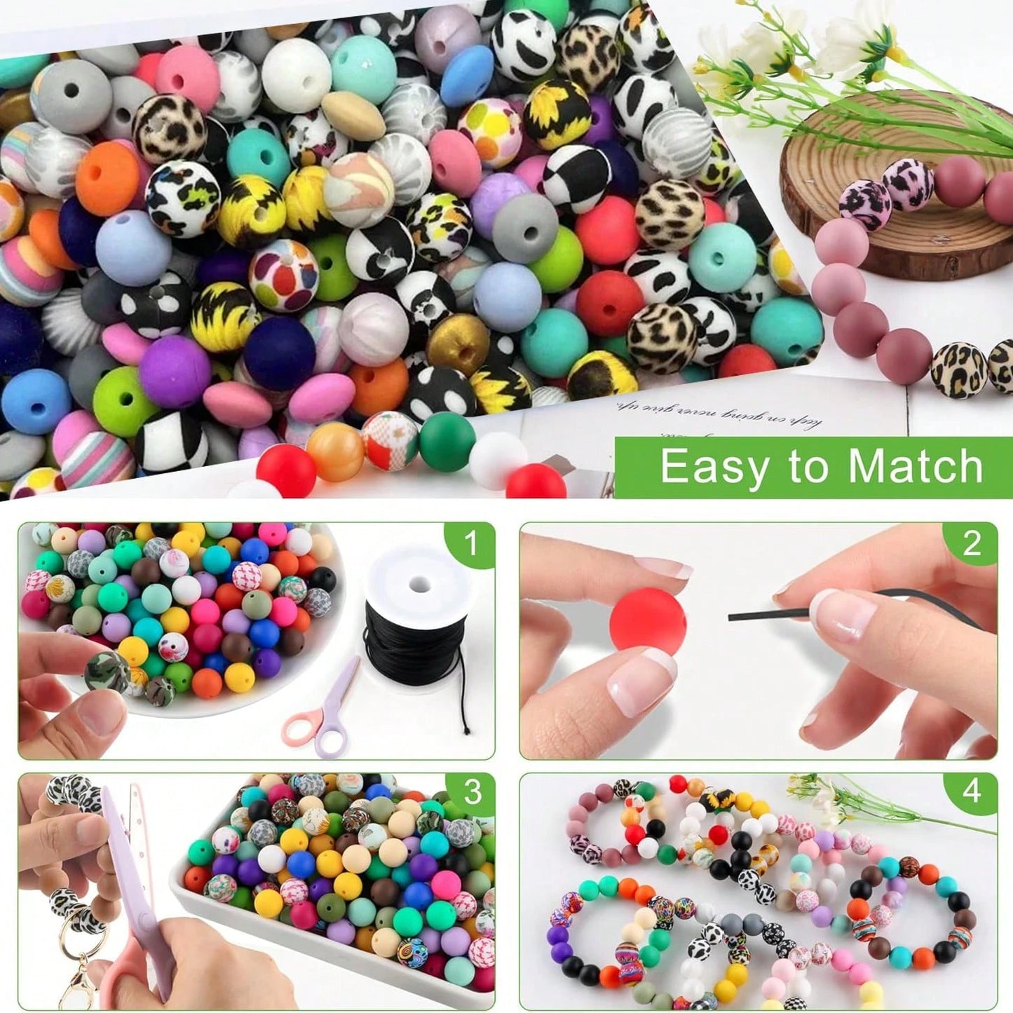 100pcs Vibrant Silicone Beads- Round, Printed, Abacus Beads, Mixed Colors- Ideal For DIY Bracelets, Jewelry, Phone Charms, Keychains, Crafts, Durable Silicone Beads