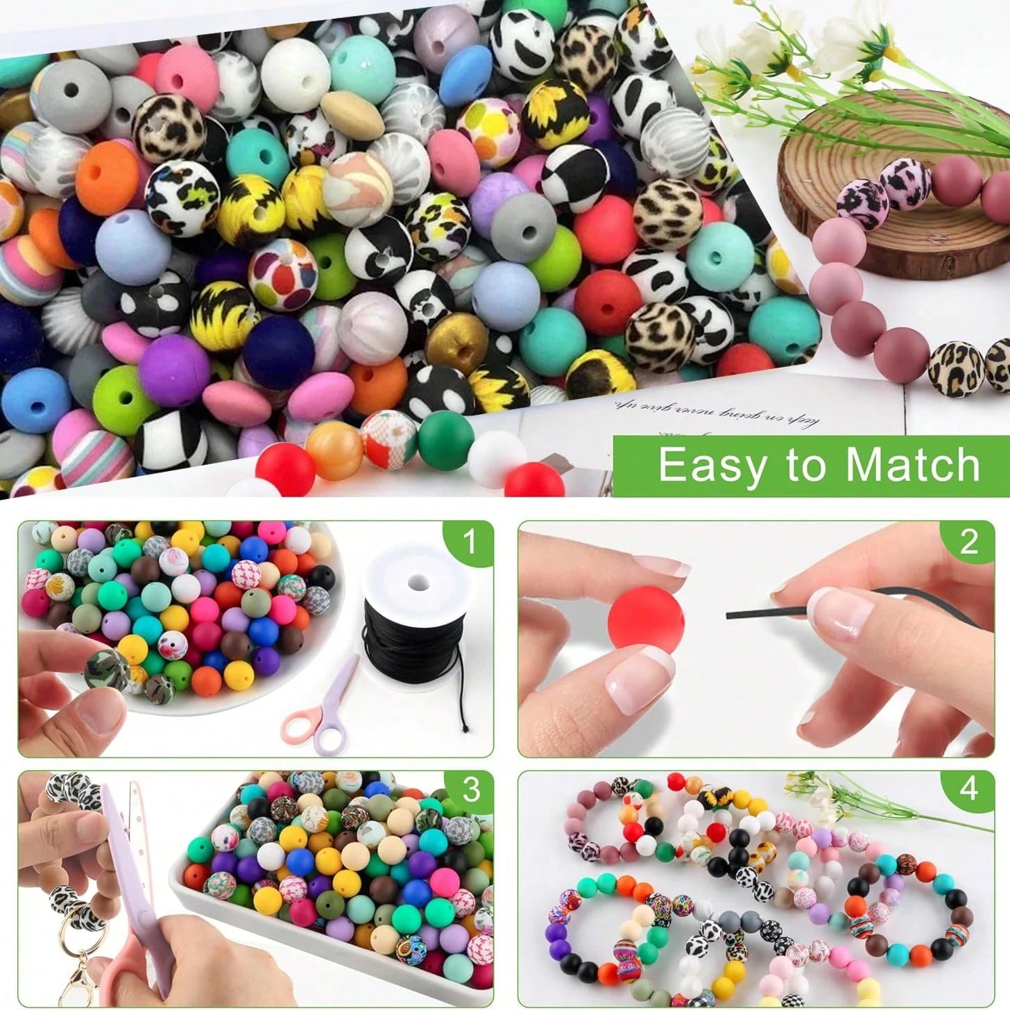 100pcs Vibrant Silicone Beads- Round, Printed, Abacus Beads, Mixed Colors- Ideal For DIY Bracelets, Jewelry, Phone Charms, Keychains, Crafts, Durable Silicone Beads