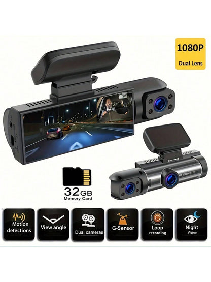 1080P dual camera,Dash Cam for cars,Front And Inside,car camera with IR Night Vision,Loop Recording,wide angle Car DVR Camera With 3.16 Inch IPS Screen,dual lens car Dashboard Video Cam,Free 32GB Memo