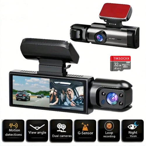 1080P Dual Lens Car Dash Cam, Front And Rear Dual Camera, Car Driving Video Recorder With Infrared Night Vision, Loop Recording, Wide Angle Dashboard Camera, 3.16" IPS Screen, With 32GB Card Optional