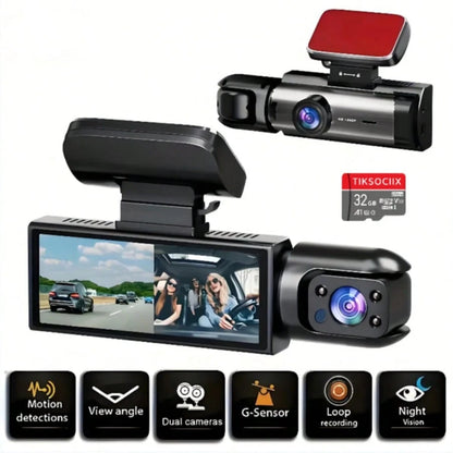 1080P Dual Lens Car Dash Cam, Front And Rear Dual Camera, Car Driving Video Recorder With Infrared Night Vision, Loop Recording, Wide Angle Dashboard Camera, 3.16" IPS Screen, With 32GB Card Optional