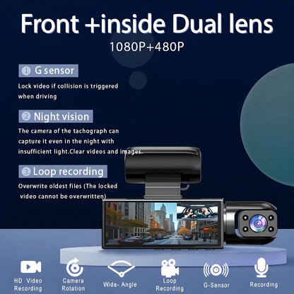 1080P Dual Lens Car Dash Cam, Front And Rear Dual Camera, Car Driving Video Recorder With Infrared Night Vision, Loop Recording, Wide Angle Dashboard Camera, 3.16" IPS Screen, With 32GB Card Optional