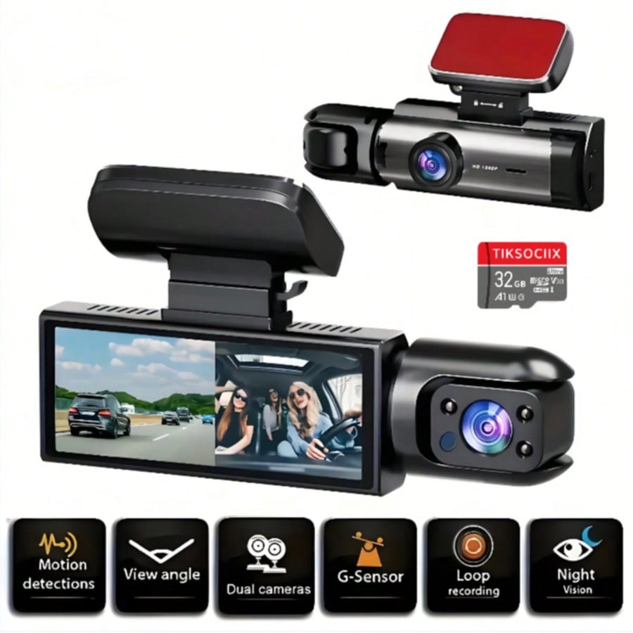 1080P Dual Lens Car Dash Cam, Front And Rear Dual Camera, Car Driving Video Recorder With Infrared Night Vision, Loop Recording, Wide Angle Dashboard Camera, 3.16" IPS Screen, With 32GB Card Optional