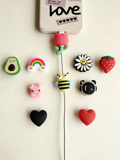 10pcs Cartoon Cable Protector, Cute Data Line Anti-Break Decoration, Compatible With Apple 12/13/14/15 Cable Protection Cover, Including Avocado/Butterfly Pig/Astronaut/Heart/Flower Styles- Best Gift