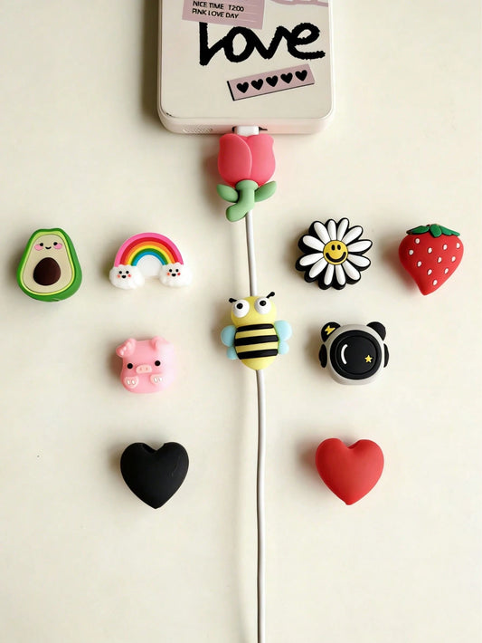 10pcs Cartoon Cable Protector, Cute Data Line Anti-Break Decoration, Compatible With Apple 12/13/14/15 Cable Protection Cover, Including Avocado/Butterfly Pig/Astronaut/Heart/Flower Styles- Best Gift