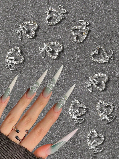 10pcs Charm Cutout Heart Personalized Rhinestone Nail Ornaments Luxury Alloy Ladies Girls Suitable For Nail Art Ornaments