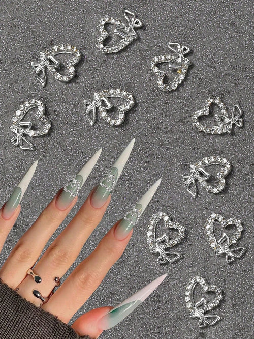 10pcs Charm Cutout Heart Personalized Rhinestone Nail Ornaments Luxury Alloy Ladies Girls Suitable For Nail Art Ornaments