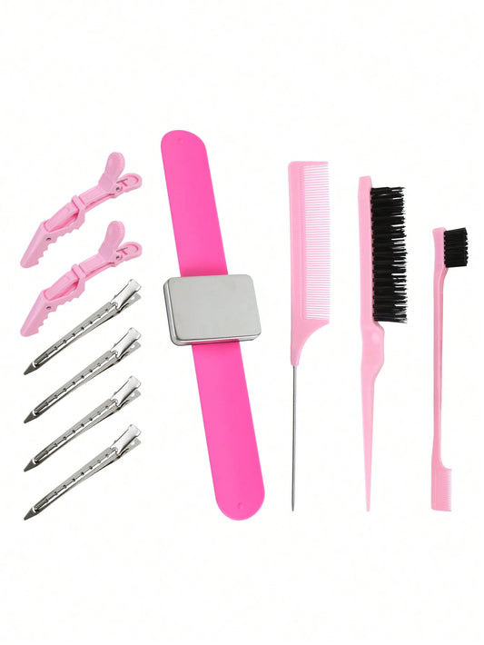 10pcs Hair Wig Styling Tool Kit Set (3pcs Comb Set, Eyebrow Brush, Small Brush, Pointed Comb, 6pcs Hair Clip, 1pc Magnetic Wristband, Stylist Organizer), Wig Styling Supply