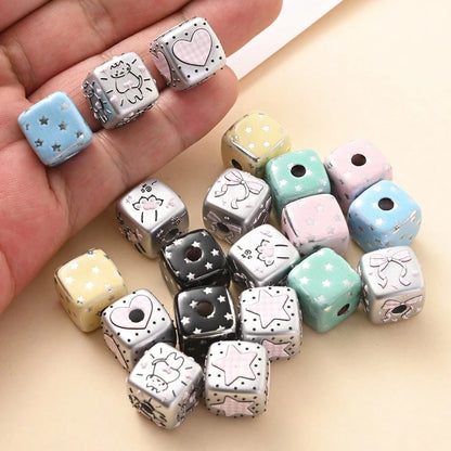 10Pcs Vintage Y2K Distressed Cube Beads, Pink Polka Dot/Star/Cat Print Decorative Beads, Suitable For Home Decor, DIY Jewelry Making And Other Creative Handicrafts