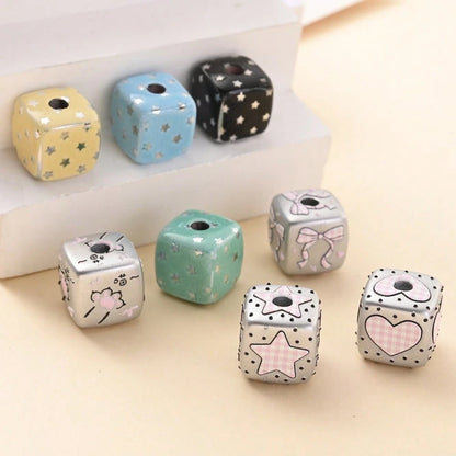 10Pcs Vintage Y2K Distressed Cube Beads, Pink Polka Dot/Star/Cat Print Decorative Beads, Suitable For Home Decor, DIY Jewelry Making And Other Creative Handicrafts
