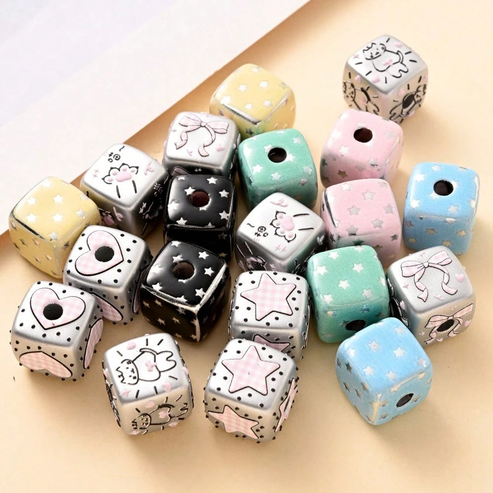 10Pcs Vintage Y2K Distressed Cube Beads, Pink Polka Dot/Star/Cat Print Decorative Beads, Suitable For Home Decor, DIY Jewelry Making And Other Creative Handicrafts