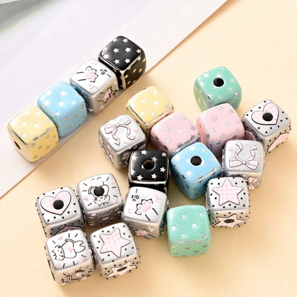 10Pcs Vintage Y2K Distressed Cube Beads, Pink Polka Dot/Star/Cat Print Decorative Beads, Suitable For Home Decor, DIY Jewelry Making And Other Creative Handicrafts