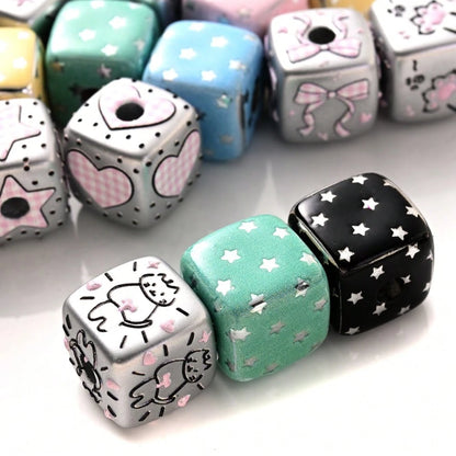 10Pcs Vintage Y2K Distressed Cube Beads, Pink Polka Dot/Star/Cat Print Decorative Beads, Suitable For Home Decor, DIY Jewelry Making And Other Creative Handicrafts