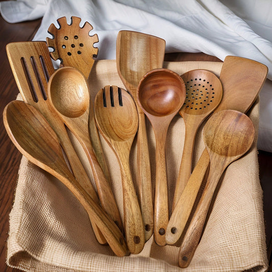 10pcs Wooden Kitchen Utensils Kit,Smooth Finish Teak Wooden Kitchen Utensils Set,Non-Stick, Lightweight Kitchen Supplies Baking Accessories For Cooking